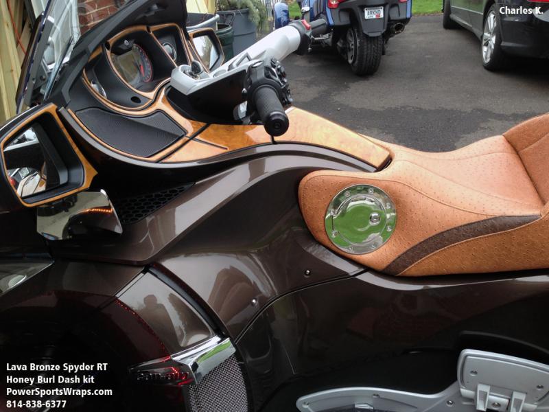 Honey burl 12 piece Spyder RT dash kit $225.00 with optional 3 piece glove box. Total cost $304.00 To order see our website: powersportswraps.com