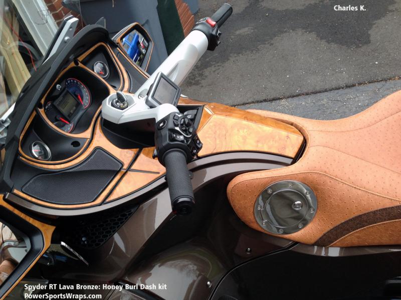 Honey burl 12 piece Spyder RT dash kit with optional 3 piece glove box. Total cost $304.00 To order see our website: powersportswraps.com