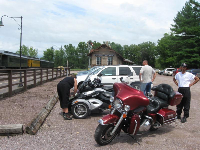 Kelly, Butch, Bill at our North Freedom stop to see the Mid-Continental Railroad.