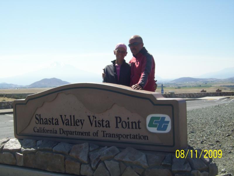 Lighting blends the clouds and top of Shasta, but it is there.