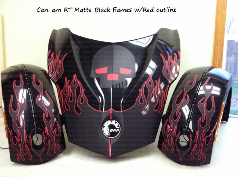 Matte Black RT flames with Red outline.. Easy to install and creates a custom look.
Just peel and stick..