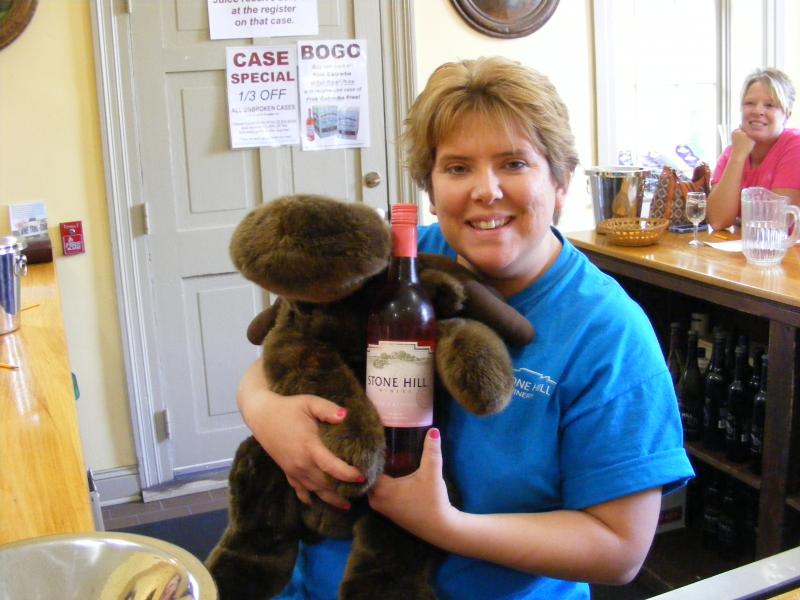 Moosie making friends and sippin' wine at Stone Hill Winery in Herman.