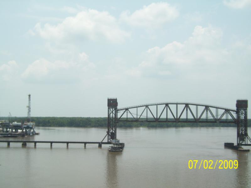 Morgan City, LA railroad drawbridge in up (open) position.