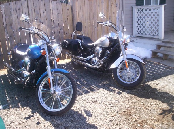 My ex husband's 07 Kawasaki Vulcan 900 Custom & my 07 Kawasaki Vulcan LT. My first brand new bike, well, ANYTHING! He still has his, I'm on my 3rd sin