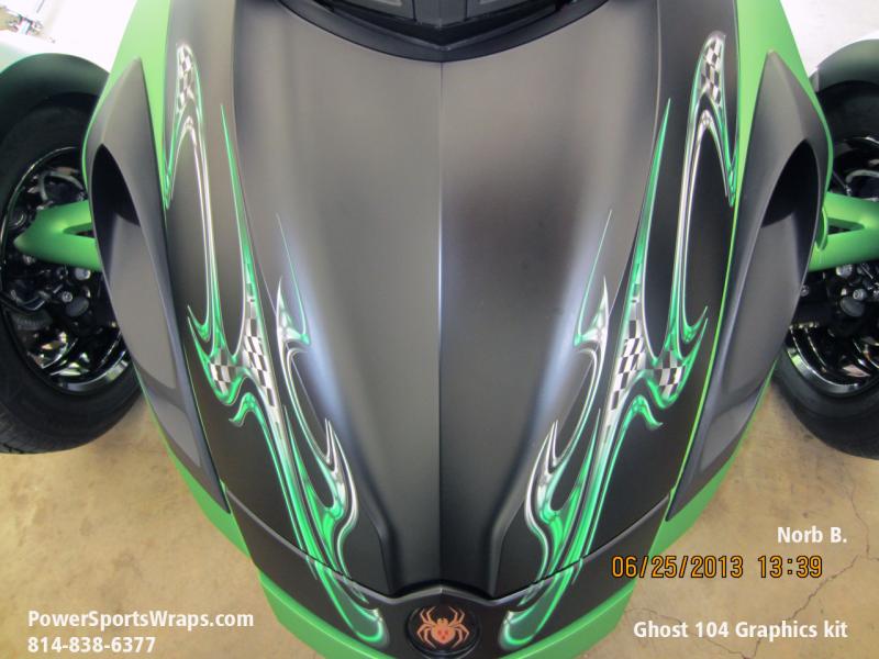 Notice the detail in this 3D design Ghost 104 Green. Let us custom design a look just for your Spyder. Email: pete@powersportswraps.com