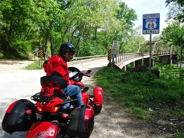 On Route 66 near Devil's Elbow, Missouri with the historic bridge in the background.