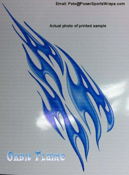 Orbit Flame- This is an actual photo of the real image once we produced it on our digital printer. This is to help you get an idea of the actual color