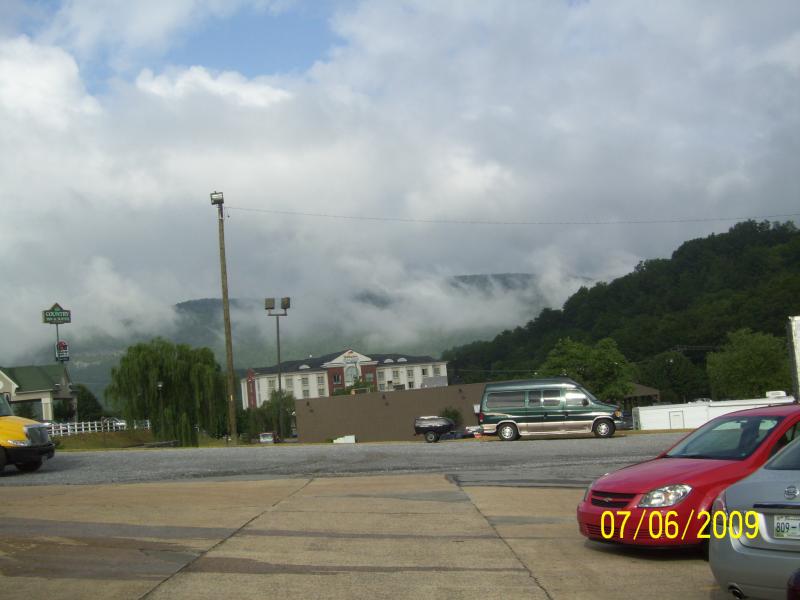 Outside the hotel room after breakfast; Chattanooga, TN outskirts.