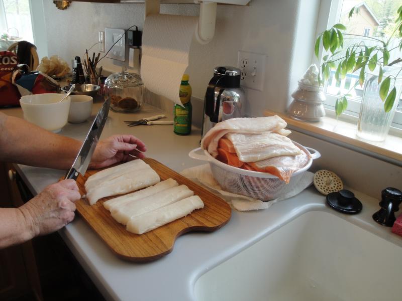 Palmer, Alaska - Halibut and salmon getting ready for the BBQ.