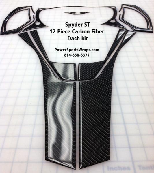 Real Carbon Fiber Spyder ST Dash Kit 12 pieces. Fits ST and ST-S models 
 To Order 814-838-6377
Email: pete@powersportswraps.com