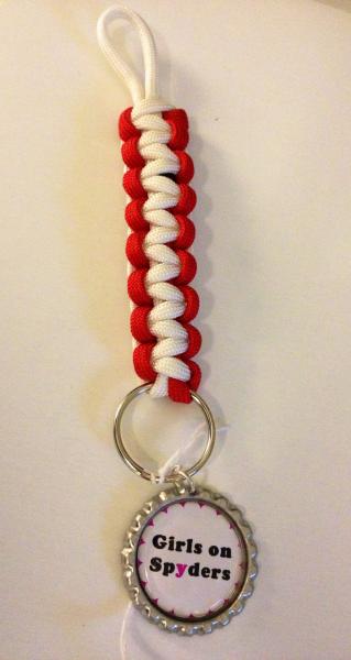Red/White keychain for Girls on spider member from Paracord Colars, Leashes and More Facebook page.