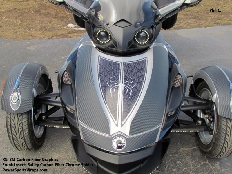 RS Spyder- 3M Carbon Fiber pre-cut panel templates with custom frunk Ralley insert carbon fiber chrome spider decal kit. powersportswraps.com   814-83