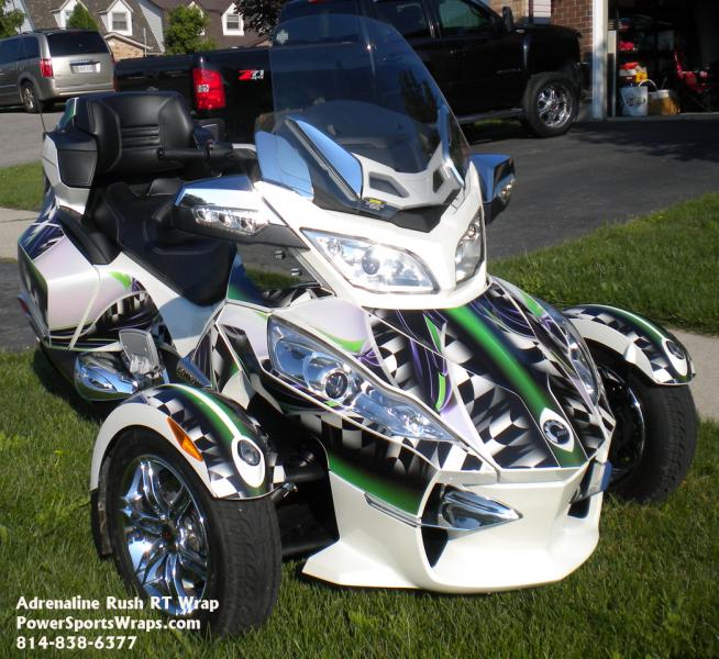 RT Adrenaline Rush pre-cut wrap kit for the Can-am Spyder RT. Each piece is pre-cut for easy application.  Just peel & stick this kit. Install Videos 