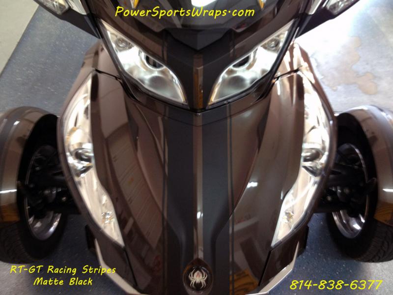 RT- GT Racing Stripes in Matte Black.  We offer a huge selection of racing stripes & more for the Spyder RT & RS machines.  Contact us today 814-838-6