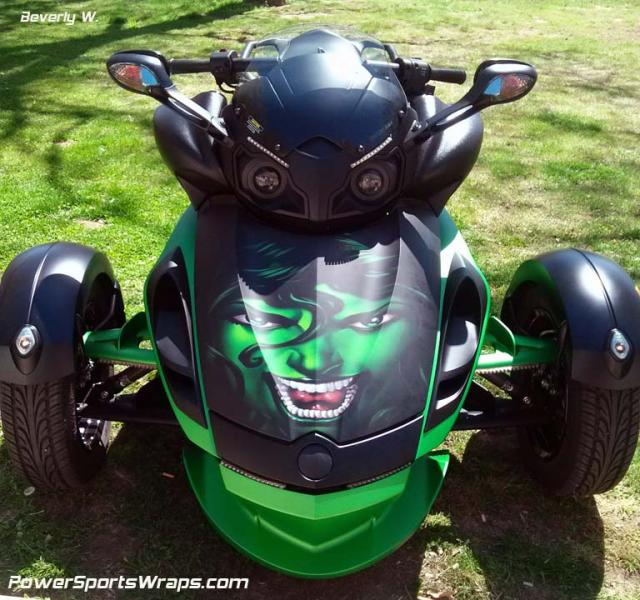 She Hulk frunk wrap for Spyder RS-S.  We used a matte laminate to match the finish on the machine.  What can we design for your Spyder?  814-838-6377