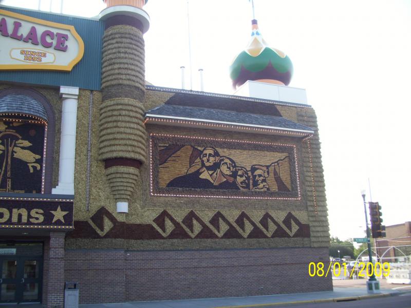 Shot of the Mount Rushmore mosaic made of corn.
