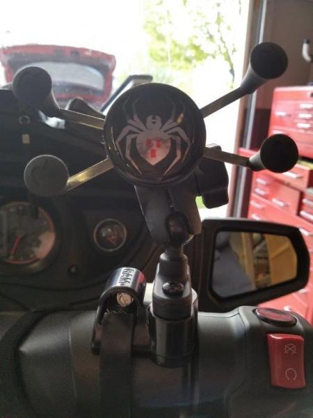 spider decal/ clamp style ram mount for GPS  before I moved it to the backside of handlebars