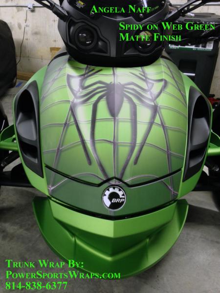 Spidy on web green- Create a real custom look on your Spyder by adding our Trunk wrap in matte finish. 814-838-6377