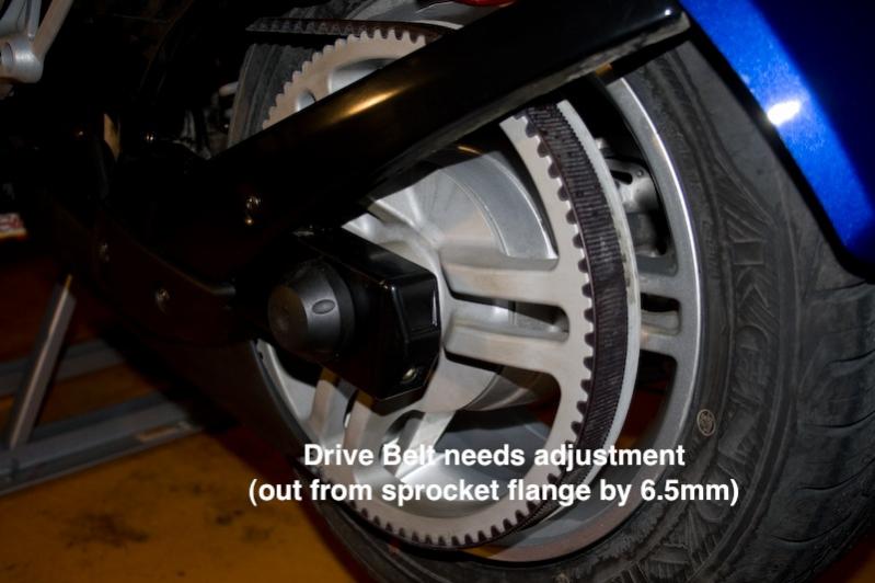 Spyder belt needsadjustment 1- Drive Belt needs adjustment (out from sprocket flange by 6.5mm) - Page. 94 (Owners Manual)