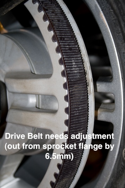 Spyder belt needsadjustment 2- Drive Belt needs adjustment (out from sprocket flange by 6.5mm) - Page. 94 (Owners Manual)