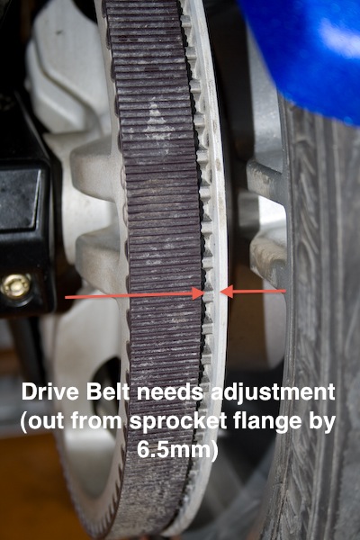Spyder belt needsadjustment 3- Drive Belt needs adjustment (out from sprocket flange by 6.5mm) - Page. 94 (Owners Manual)