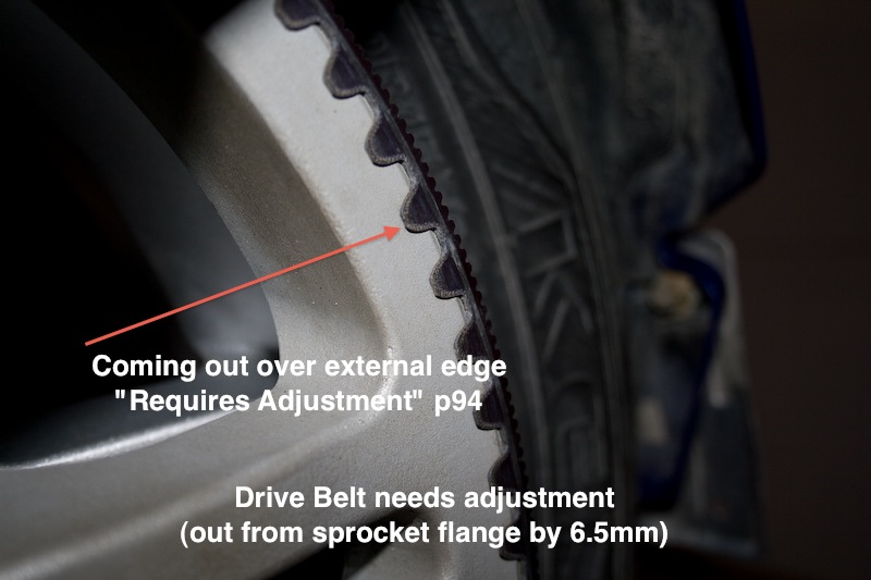 Spyder belt needsadjustment 5 -Drive Belt needs adjustment (out from sprocket flange by 6.5mm) - Page. 94 (Owners Manual)