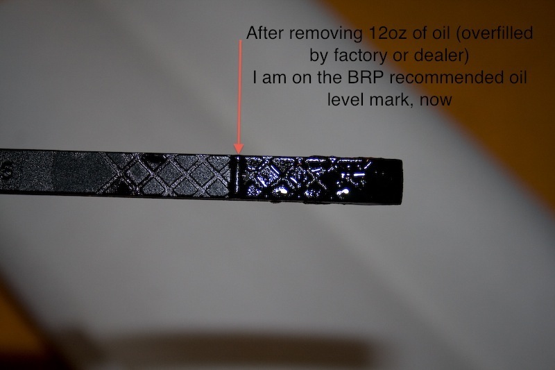 Spyder Dealertoomuchiol 4- After removing 12oz of oil (overfilled by factory or dealer) I am on the BRP recommended oil level mark, now