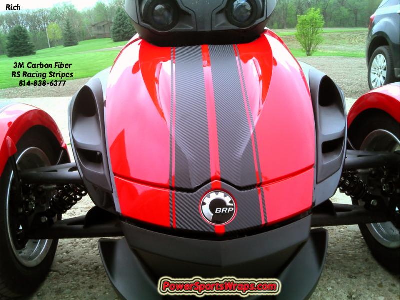 Spyder RS GT Racing Stripes 3M Carbon Fiber.  Look at the texture of the stripes in this photo.  The 3M film is a one of a kind and a real attention g