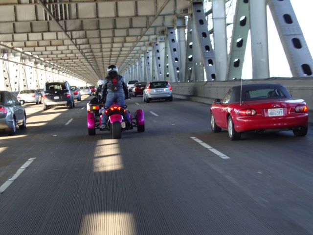 Standing on my spyder while riding across the San Francisco Bay bridge. :-)