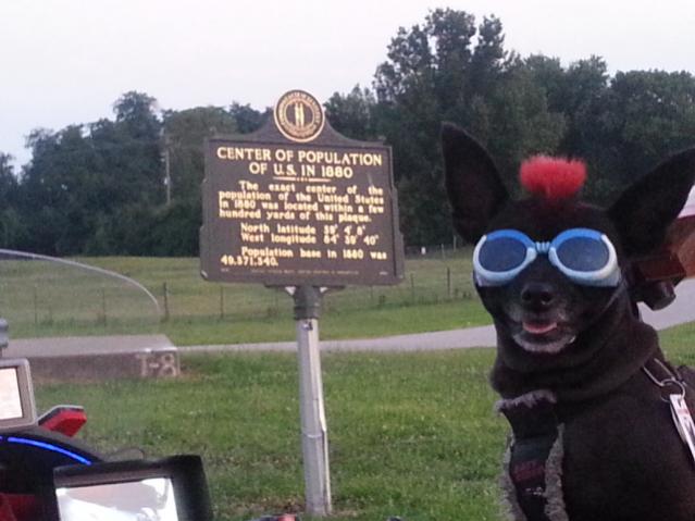 Teddy ryde'n redneck style with a stripped sled at the airport viewing area & marker showing the area was the center of population back in 1880