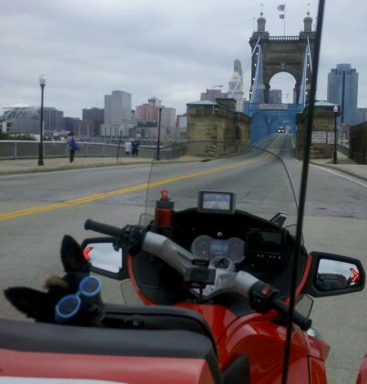 Teds Red Sled in front of the Roebling Suspension Bridge