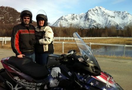 The spyder and Harley in front of Pioneer Peak