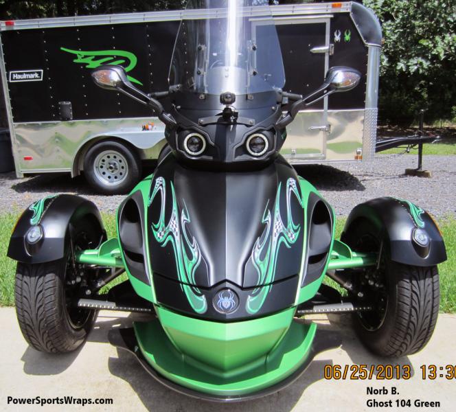 This is our pre-cut graphics kit Ghost 104 Green for Spyder RSS. To order please call 814-838-6377 or Email: pete@powersportswraps.com