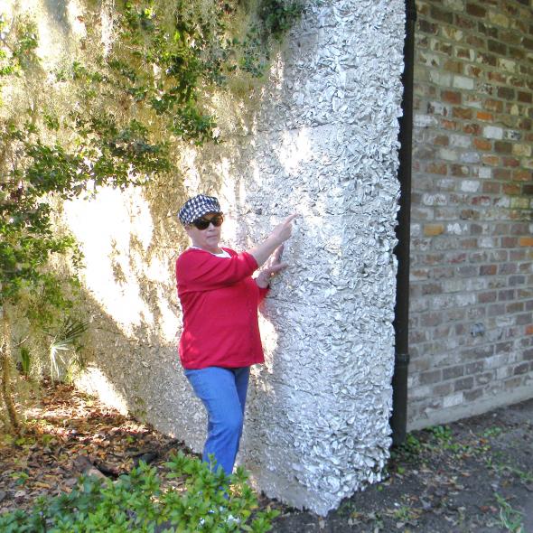 Tour guide showing tabby wall construction made principally of sea shells