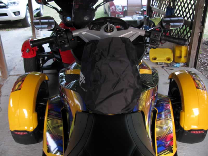 View from rear with rain cover on bag