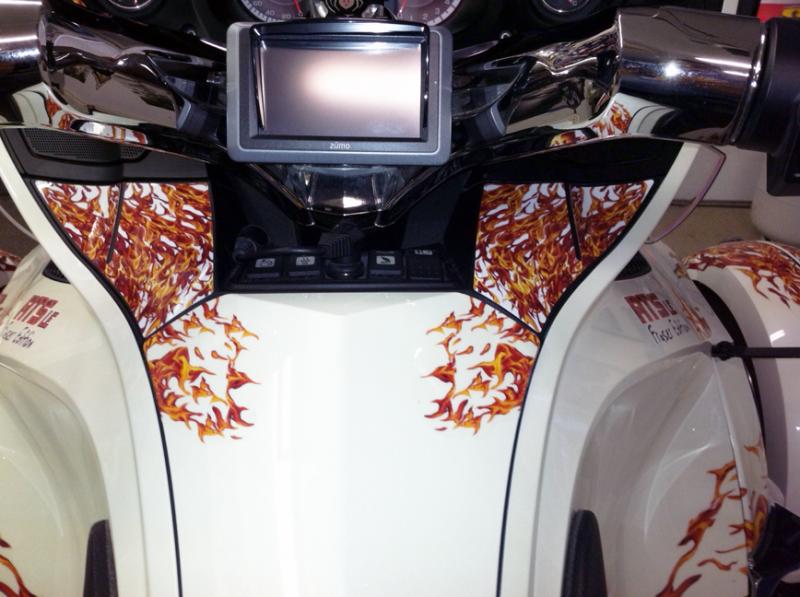 We also created a custom RT dash kit that matched his graphics. It's cool how the flames come off the dash onto the glove box.